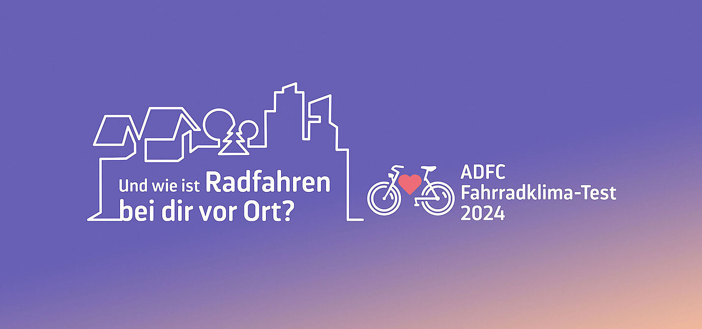 Das Bild zeigt das Logo des ADFC Fahrradklimatests, eine stilisierte Stadt mit Fahrrad