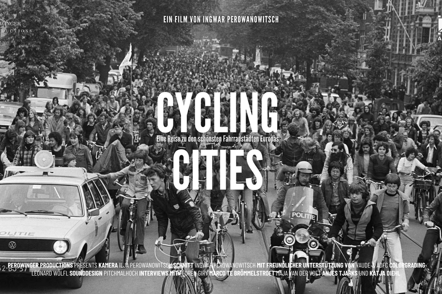 Filmplakat "Cycling Cities" Viele Radfahrende auf der Straße